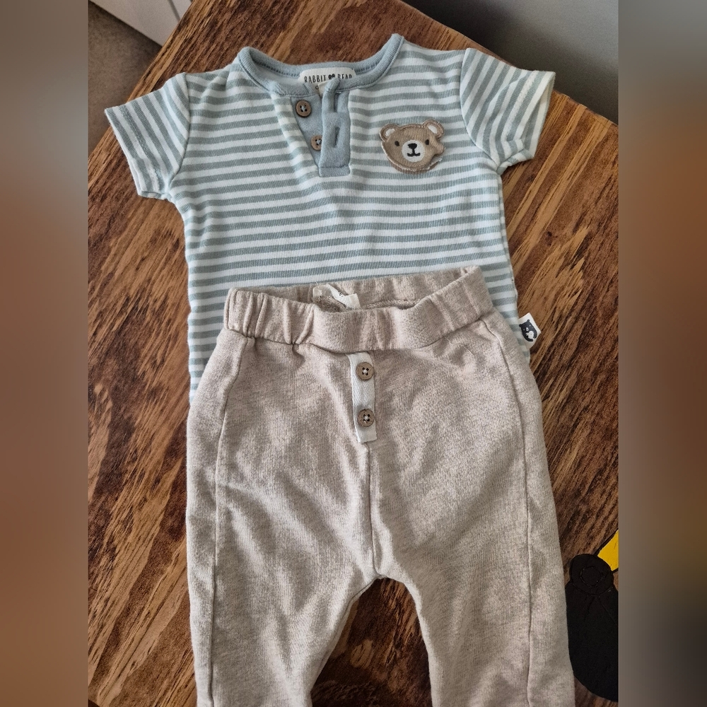 Striped Baby Outfit with Bear Patch